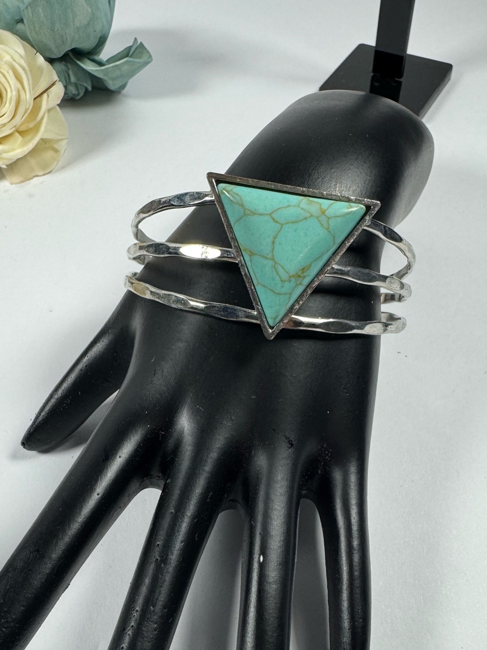 Turquoise Triangle Silver Cuff Bracelet - Womens